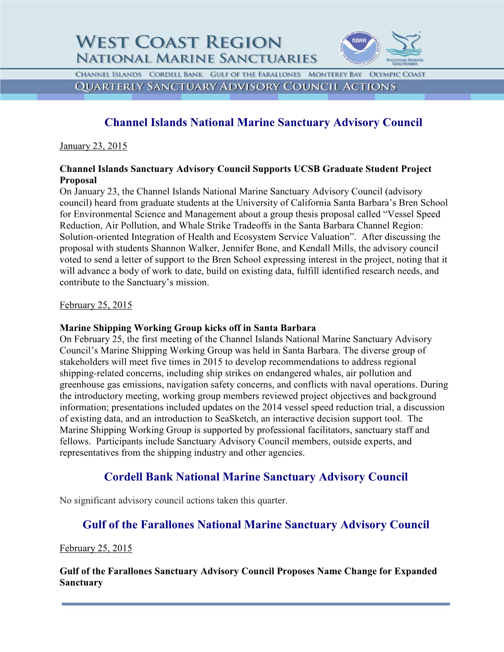 Channel Islands National Marine Sanctuary Advisory Council Cordell