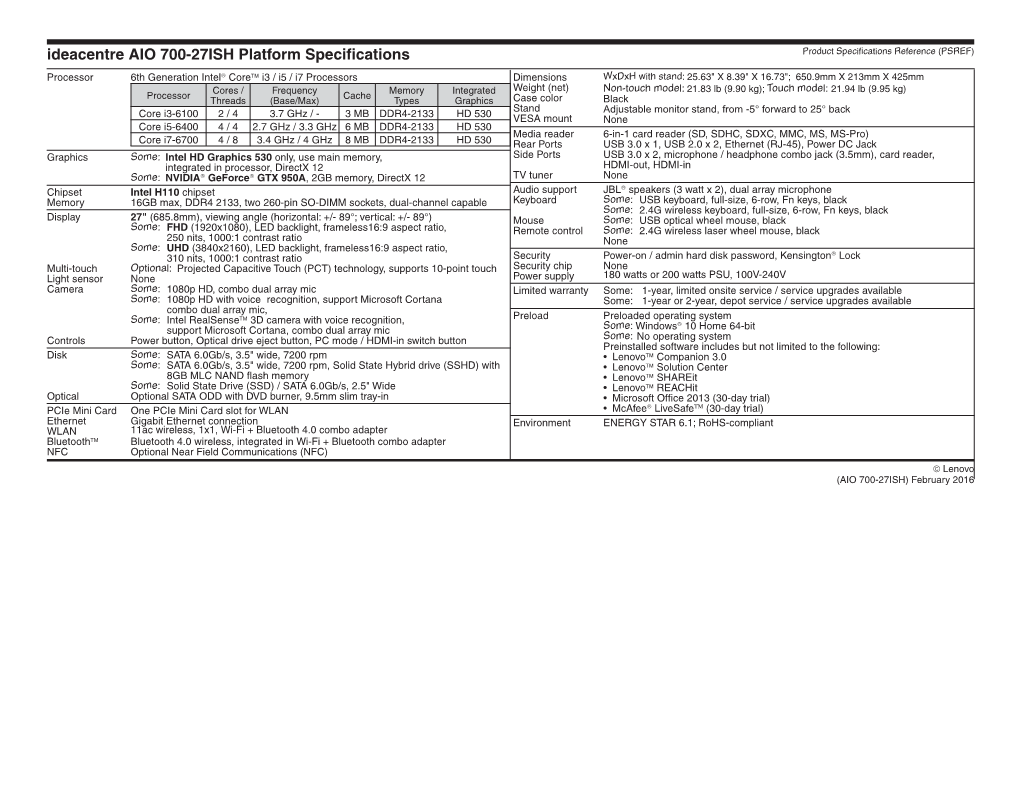 Ideacentre AIO 700-27ISH Platform Specifications