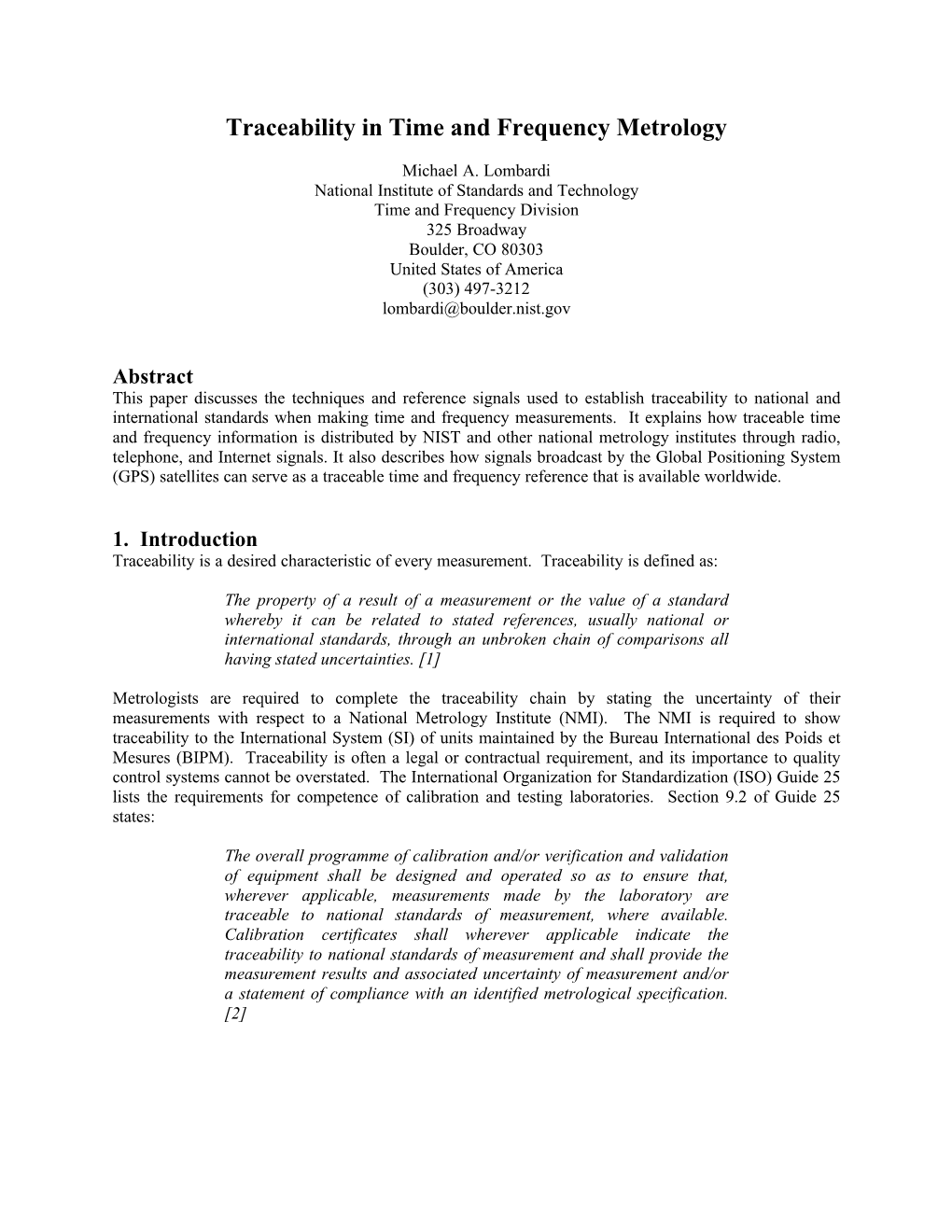 Traceability in Time and Frequency Metrology