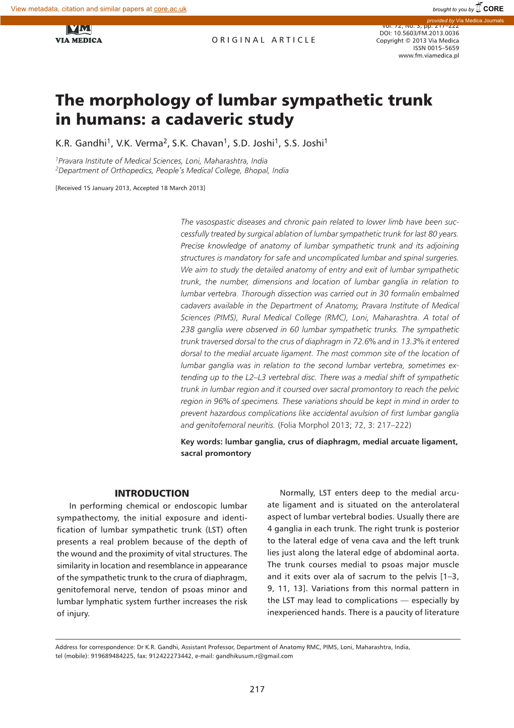 The Morphology of Lumbar Sympathetic Trunk in Humans: a Cadaveric Study K.R