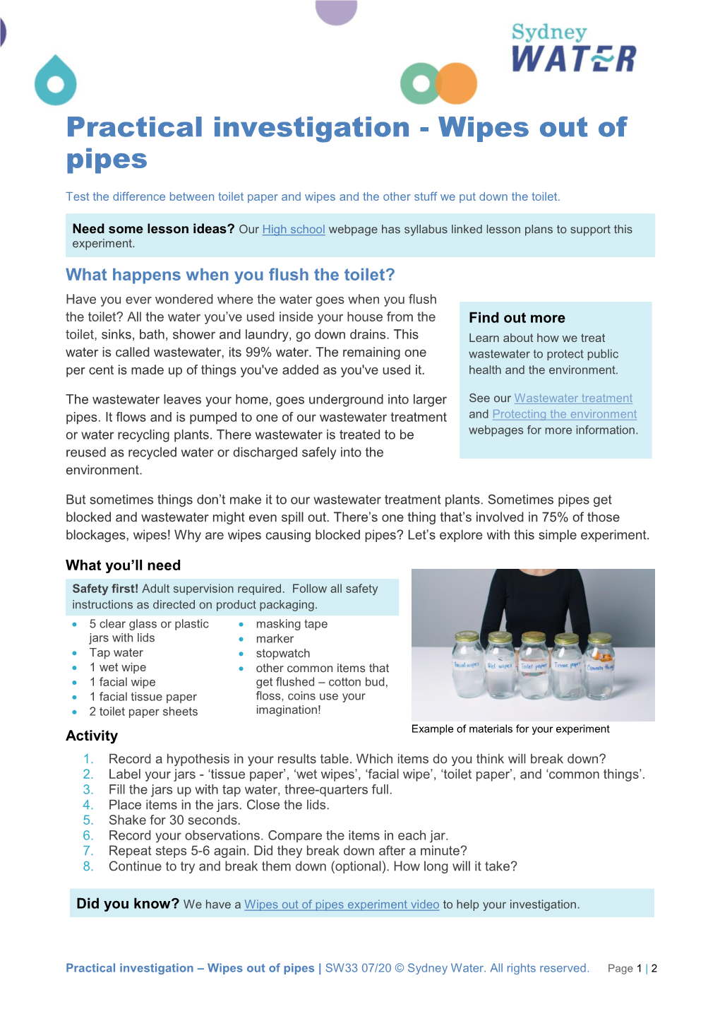 Practical Investigation - Wipes out of Pipes