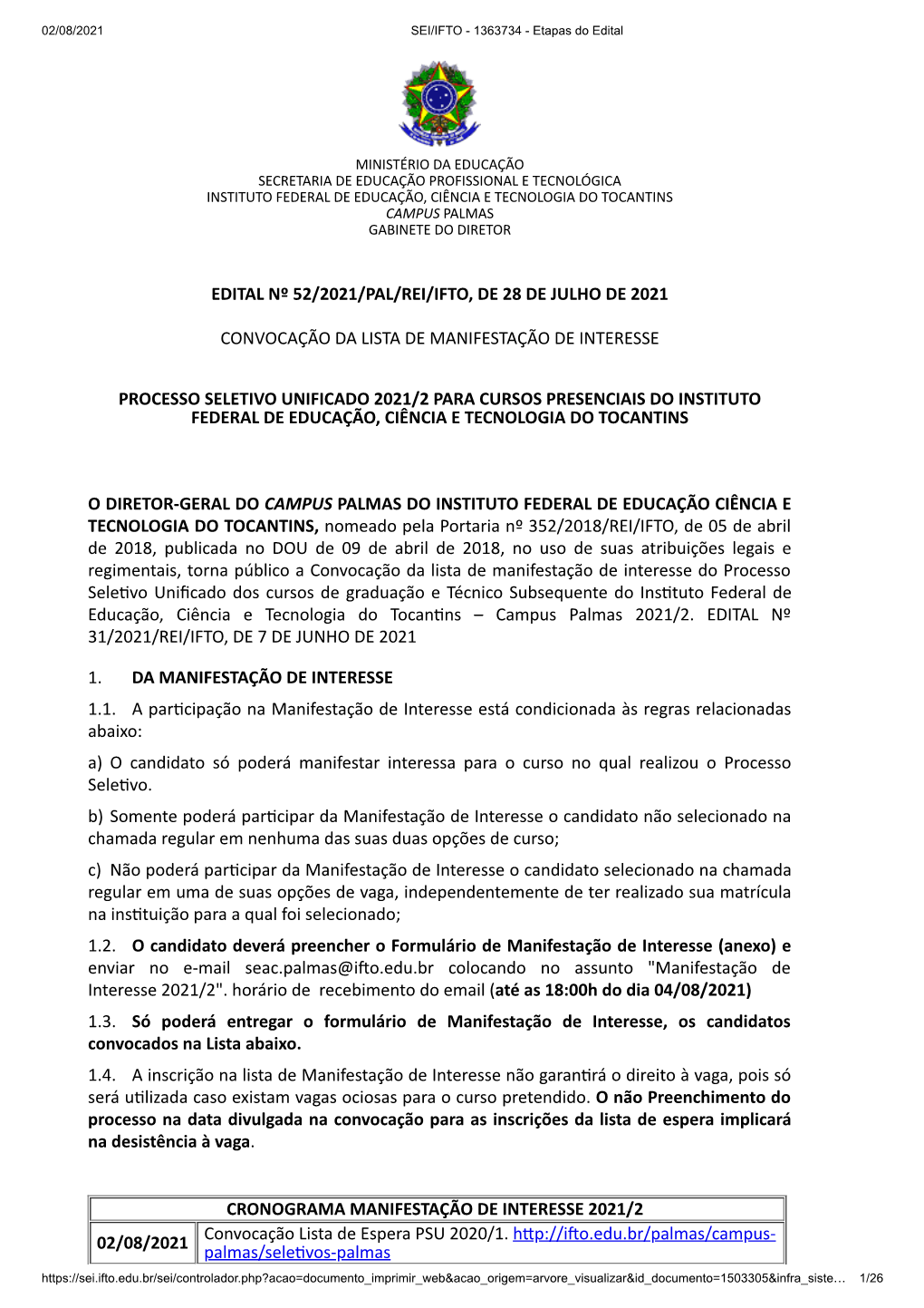 Edital Nº 52/2021/Pal/Rei/Ifto, De 28 De Julho De 2021 Convocação Da Lista De Manifestação De Interesse Processo Seletivo U