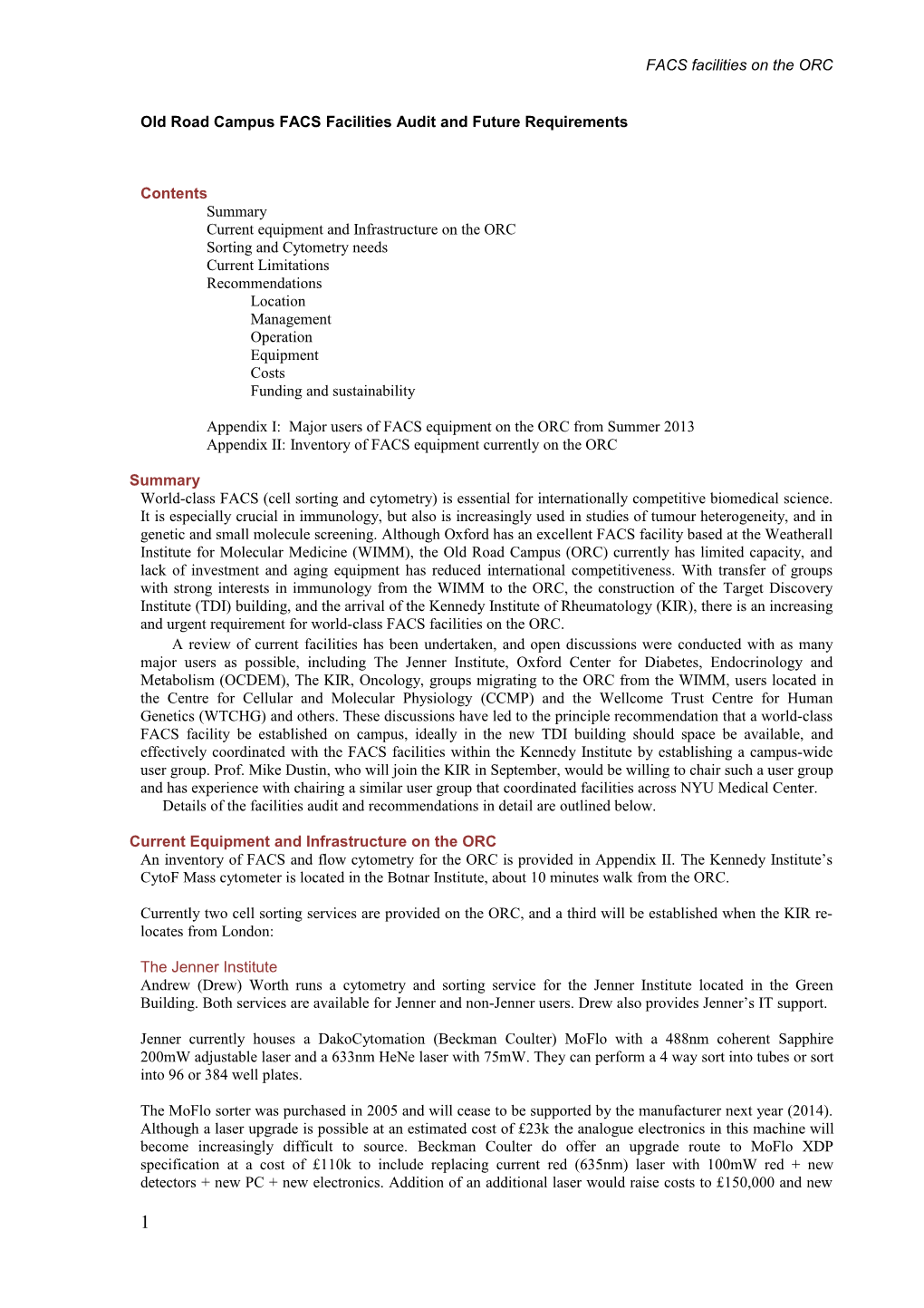 Old Road Campus FACS Facilities Audit and Future Requirements