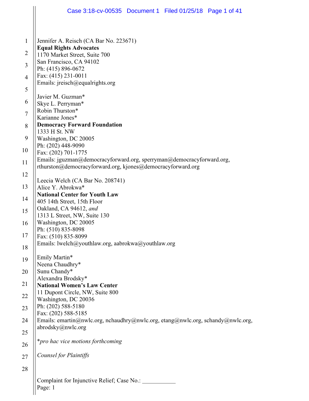 Complaint for Injunctive Relief; Case No.: Page: 1 Case 3:18-Cv-00535 Document 1 Filed 01/25/18 Page 2 of 41