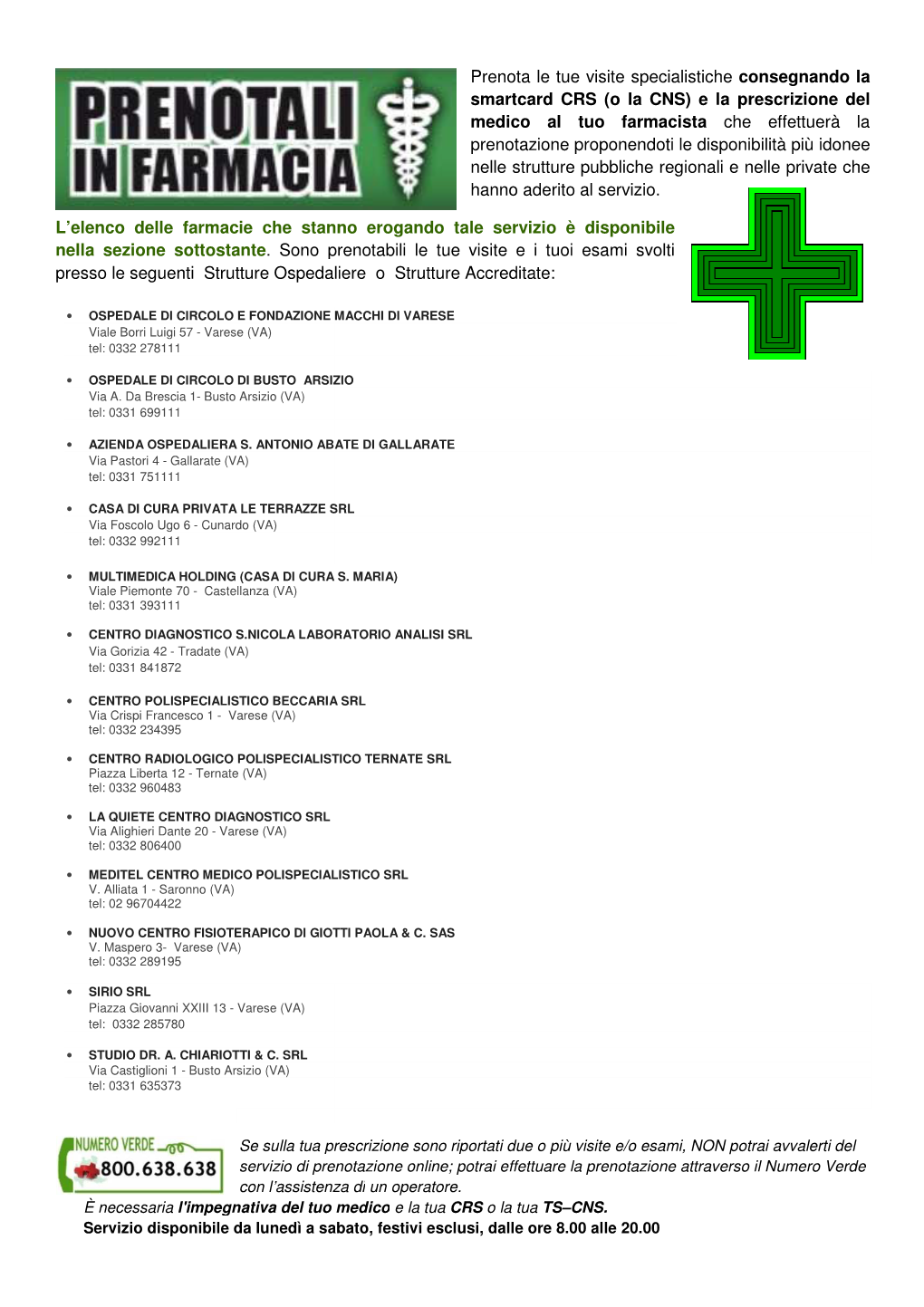 Elenco Farmacie Per Prenotazioni Esami (Luglio 2015)