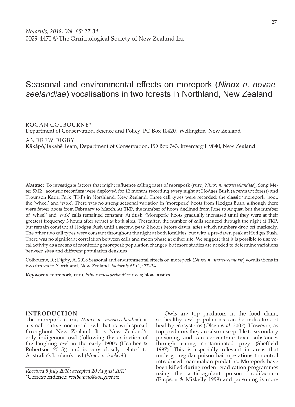 Seasonal and Environmental Effects on Morepork (Ninox N