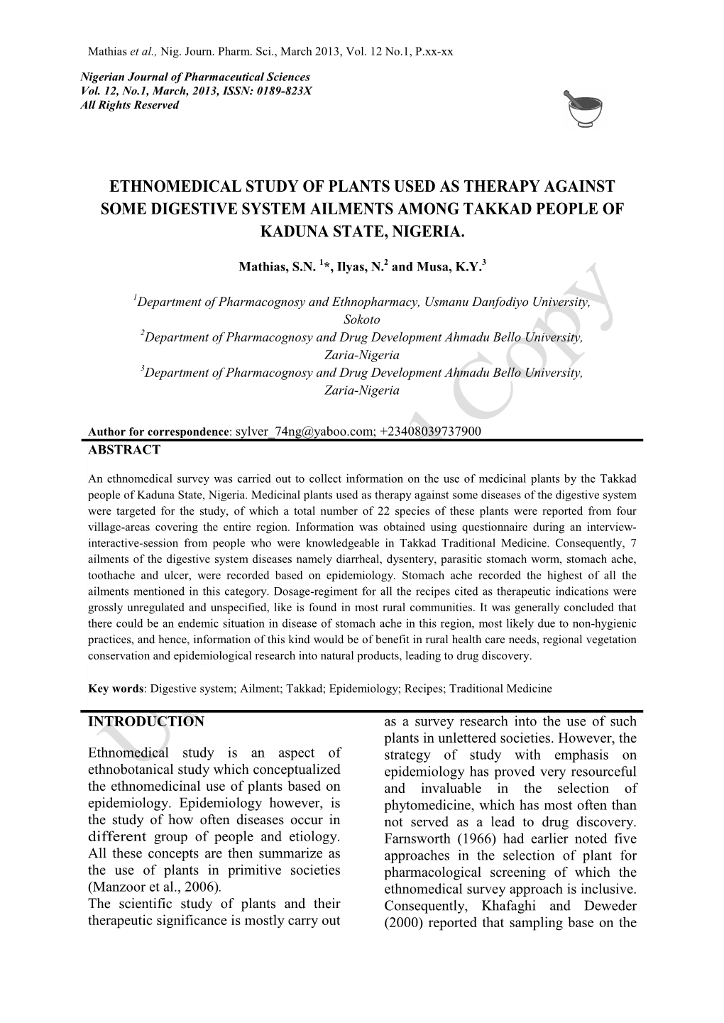 Ethnomedical Study of Plants Used As Therapy Against Some Digestive System Ailments Among Takkad People of Kaduna State, Nigeria