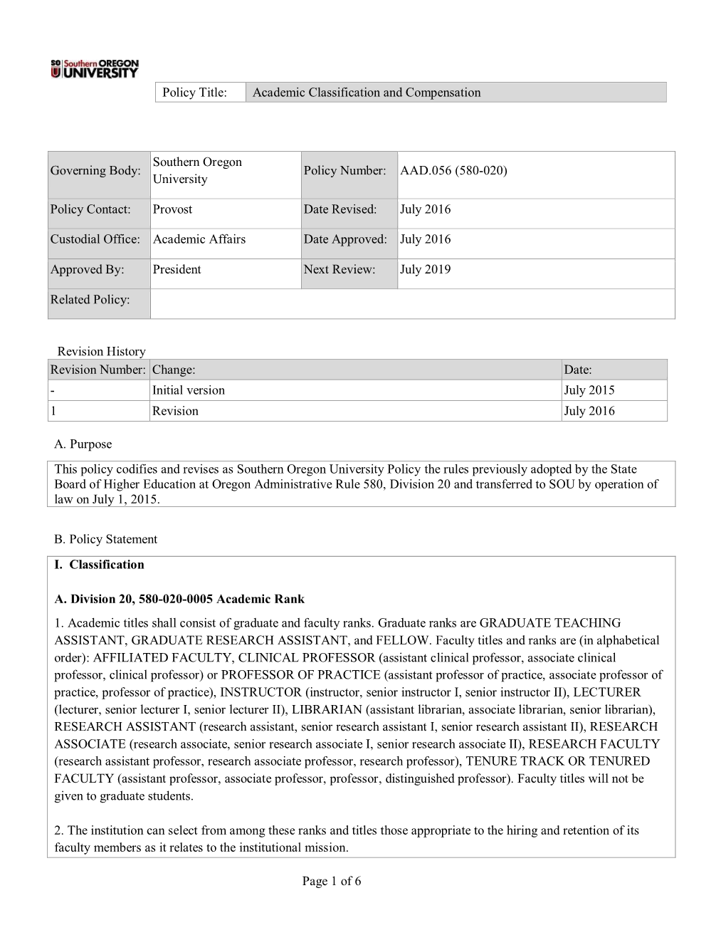 Academic Classification and Compensation