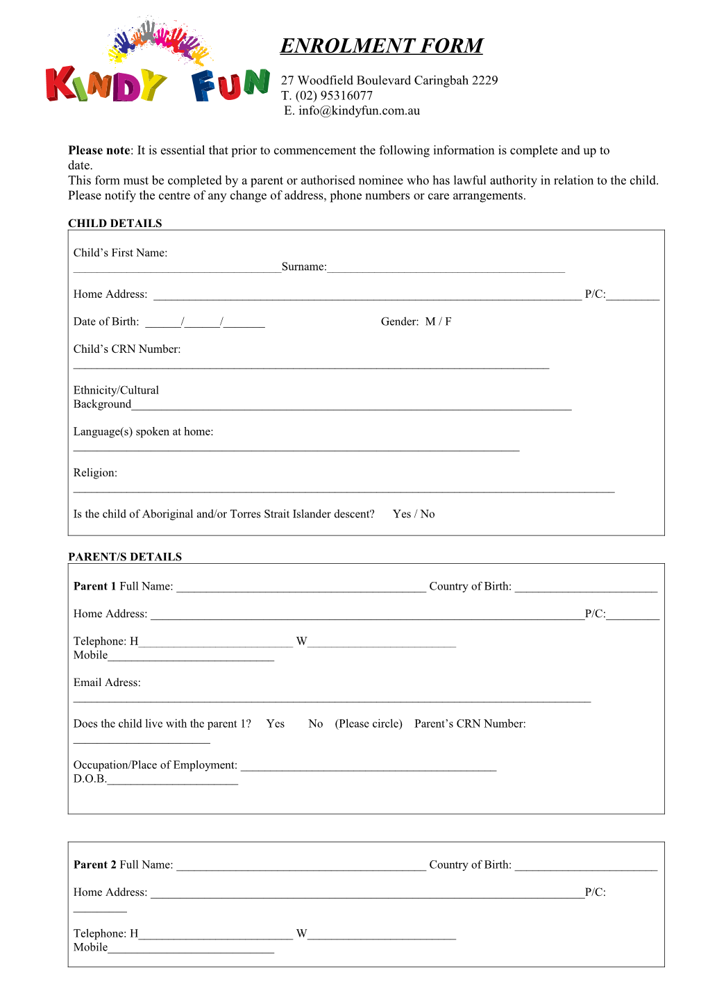 Childcare Enrolment Form