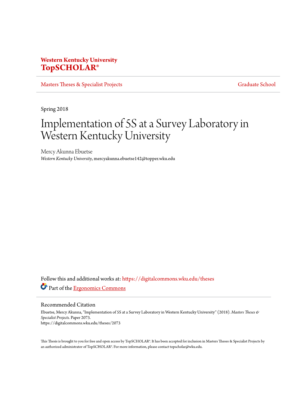 Implementation of 5S at a Survey Laboratory in Western Kentucky University Mercy Akunna Ebuetse Western Kentucky University, Mercyakunna.Ebuetse142@Topper.Wku.Edu