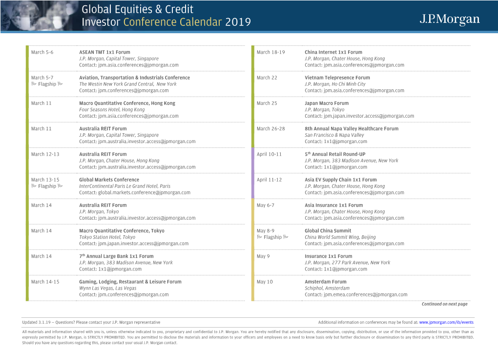 Global Equities & Credit Investor Conference Calendar 2019