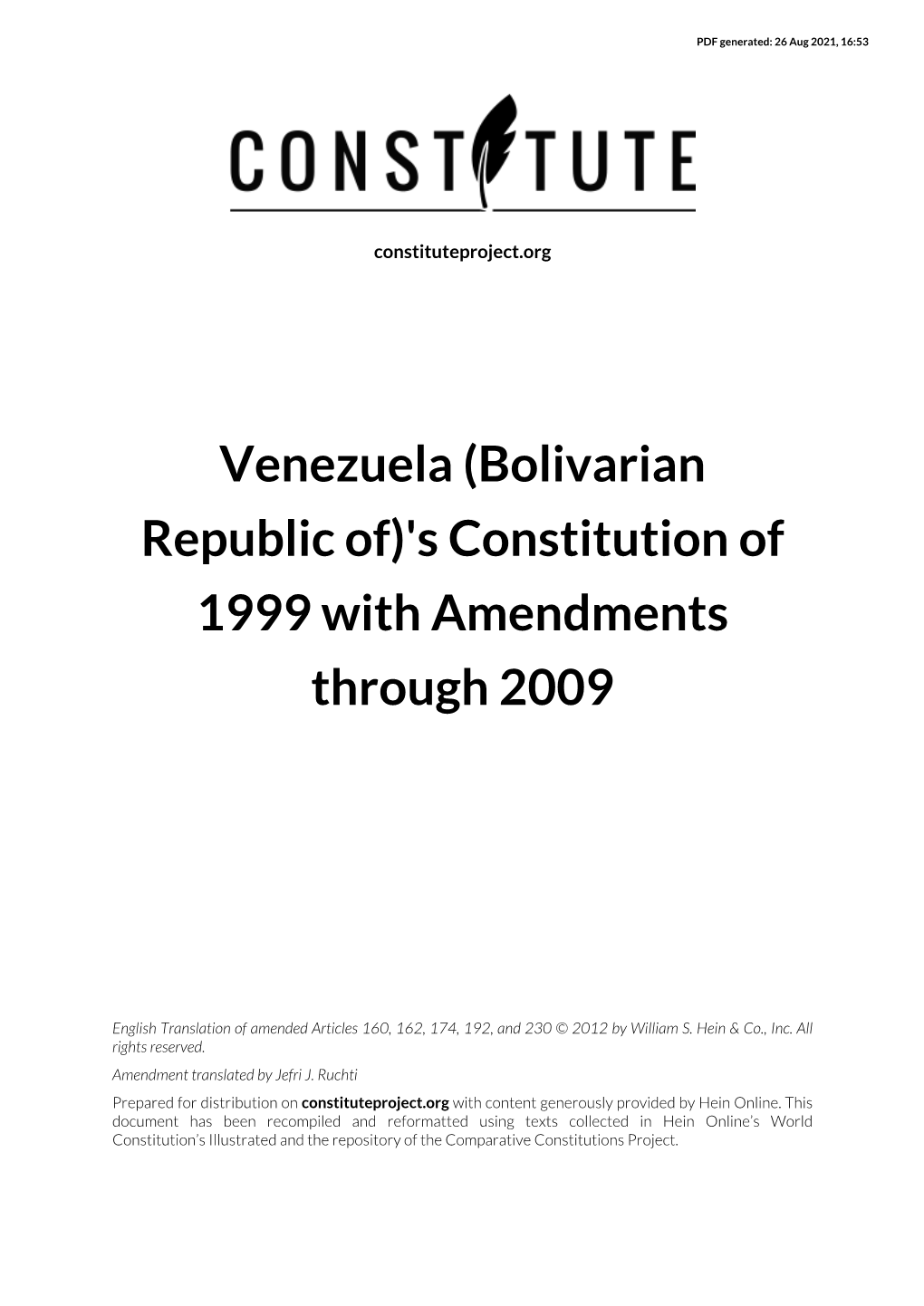 Venezuela (Bolivarian Republic Of)'S Constitution of 1999 with Amendments Through 2009