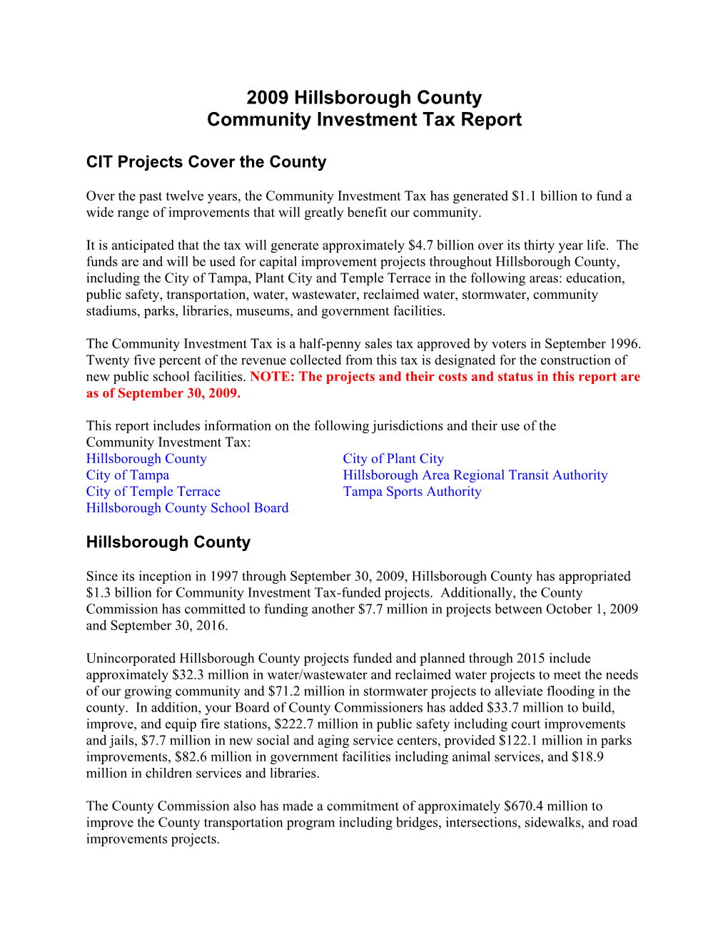 2009 Hillsborough County Community Investment Tax Report