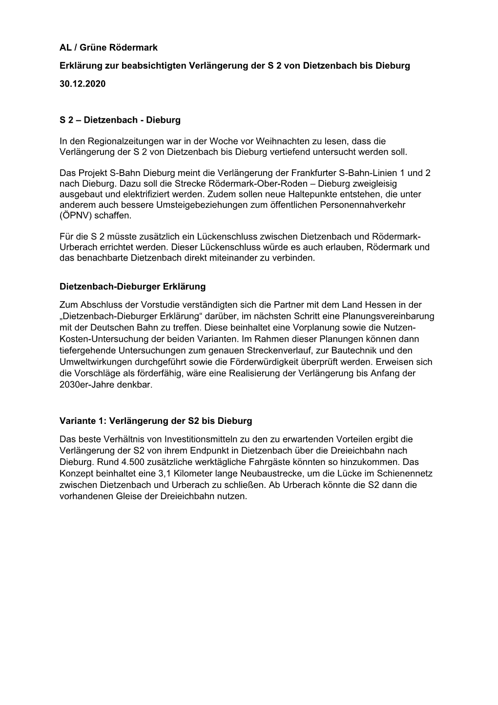 AL / Grüne Rödermark Erklärung Zur Beabsichtigten Verlängerung Der S 2 Von Dietzenbach Bis Dieburg 30.12.2020