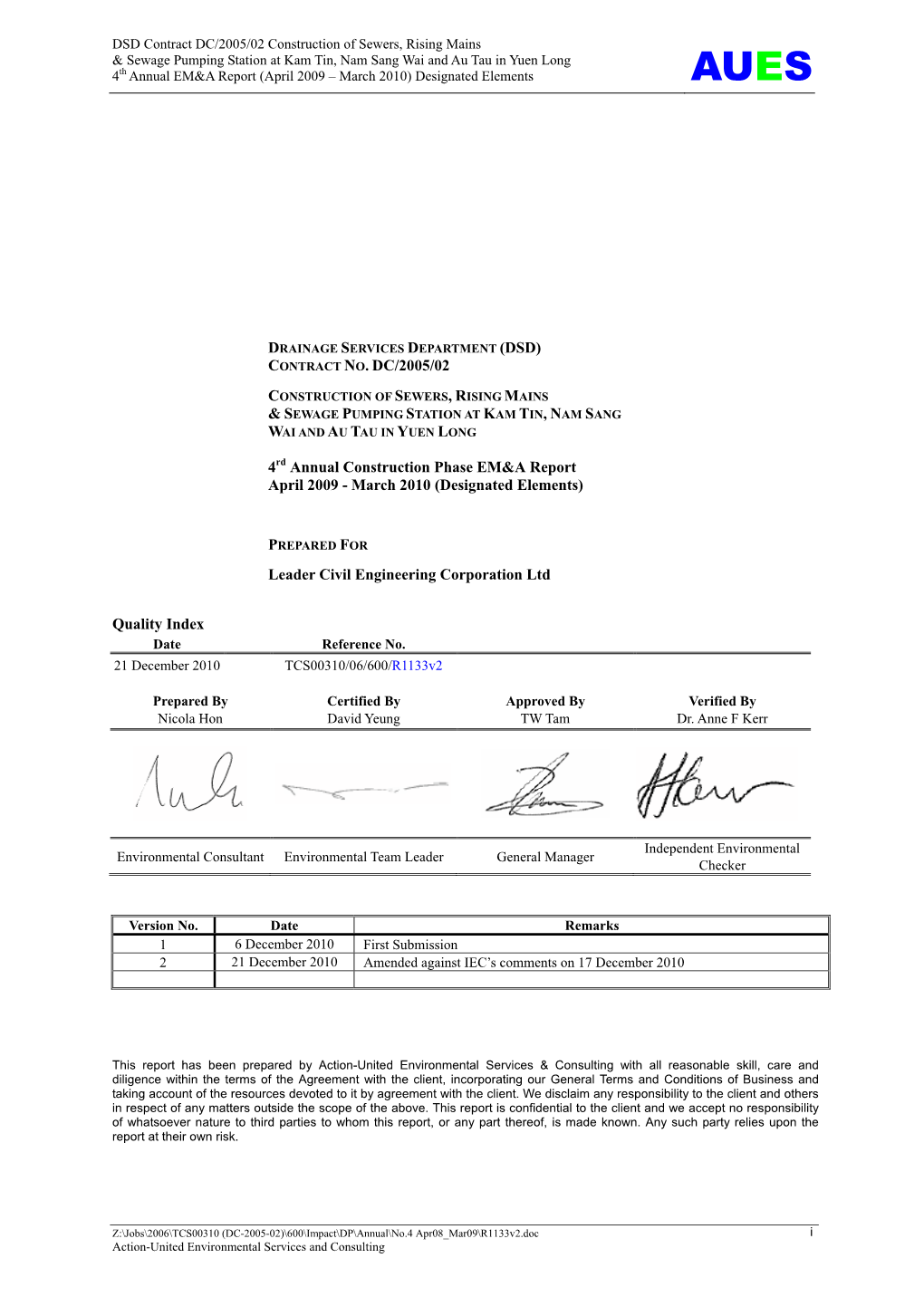 CONTRACT NO. DC/2005/02 4Rd Annual Construction Phase EM&A