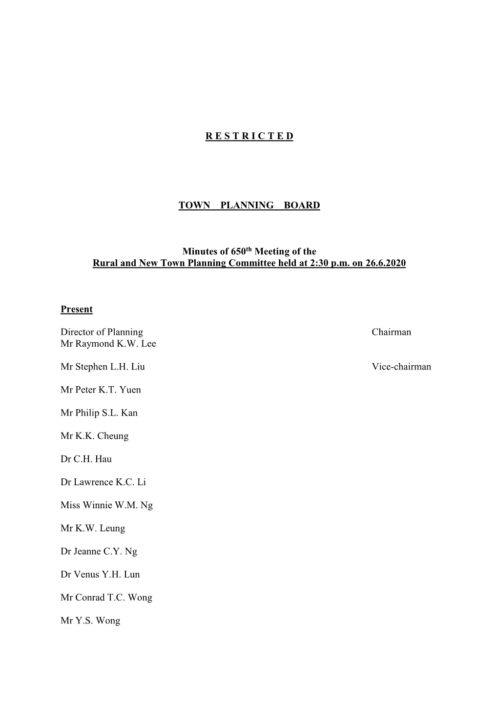 Minutes of 650Th Meeting of the Rural and New Town Planning Committee Held at 2:30 P.M