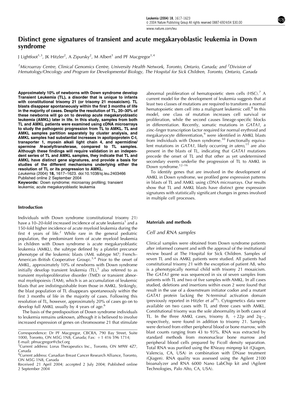 Distinct Gene Signatures of Transient and Acute Megakaryoblastic Leukemia in Down Syndrome