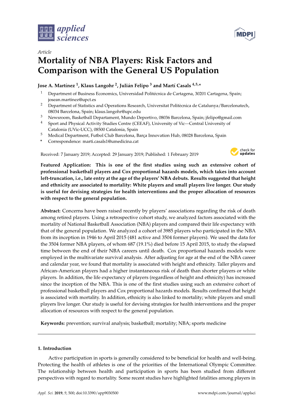 Mortality of NBA Players: Risk Factors and Comparison with the General US Population