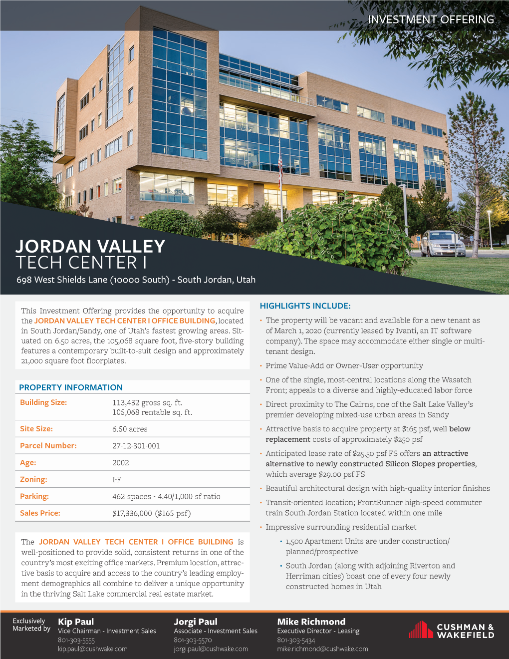 JORDAN VALLEY TECH CENTER I 698 West Shields Lane (10000 South) - South Jordan, Utah