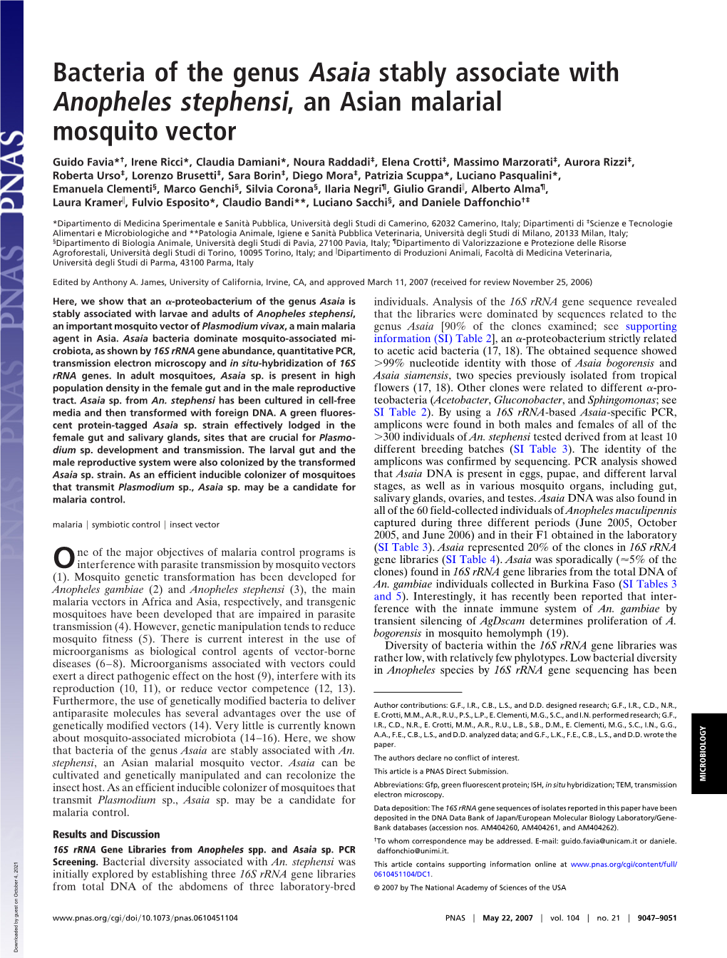 Bacteria of the Genus Asaia Stably Associate with Anopheles Stephensi, an Asian Malarial Mosquito Vector