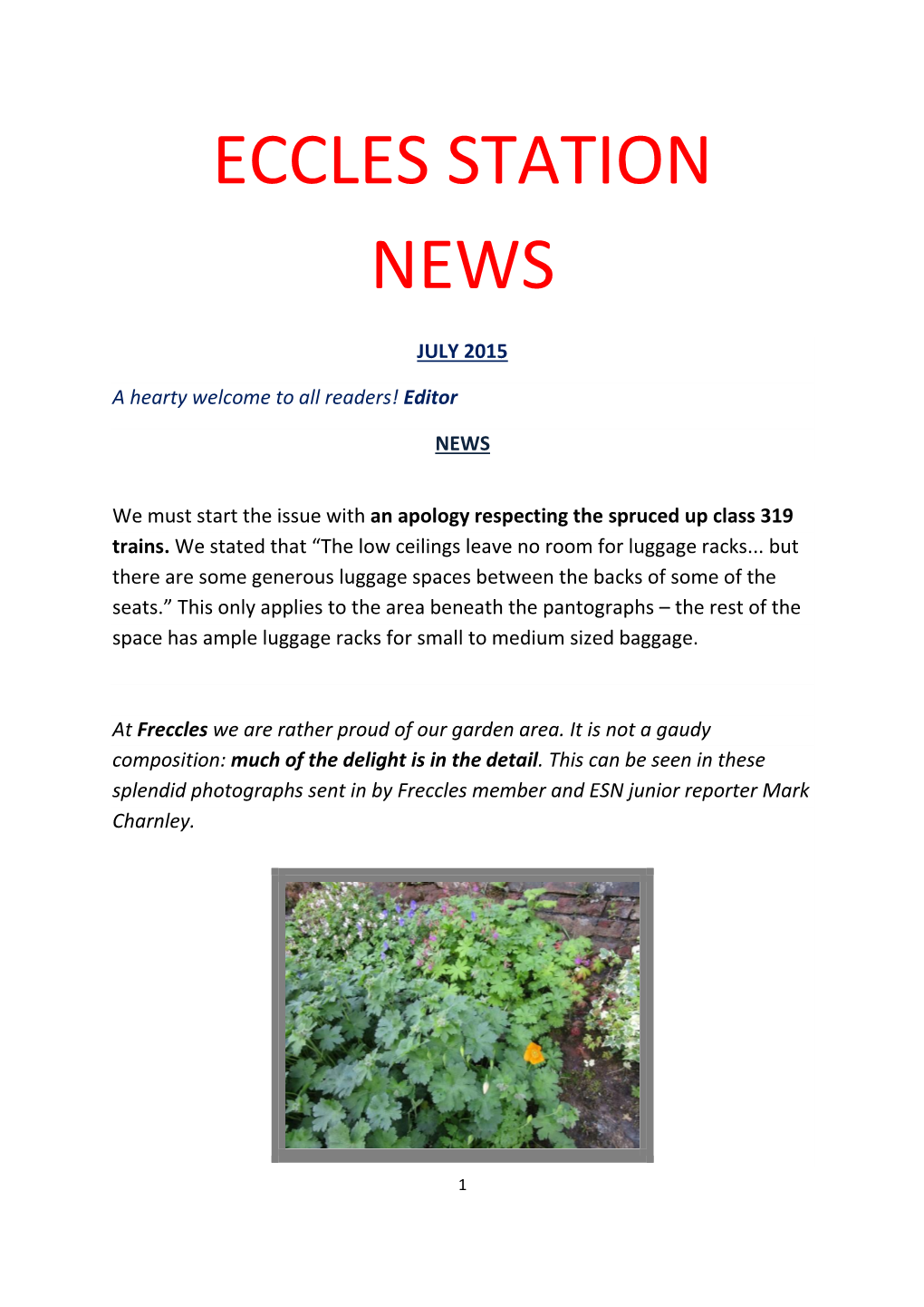 Eccles Station News Welcomes Feedback from Readers