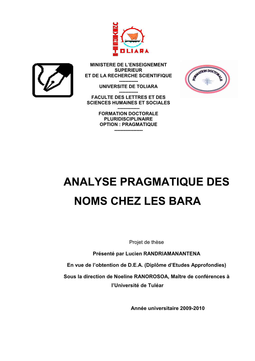 Analyse Pragmatique Des Noms Chez Les Bara