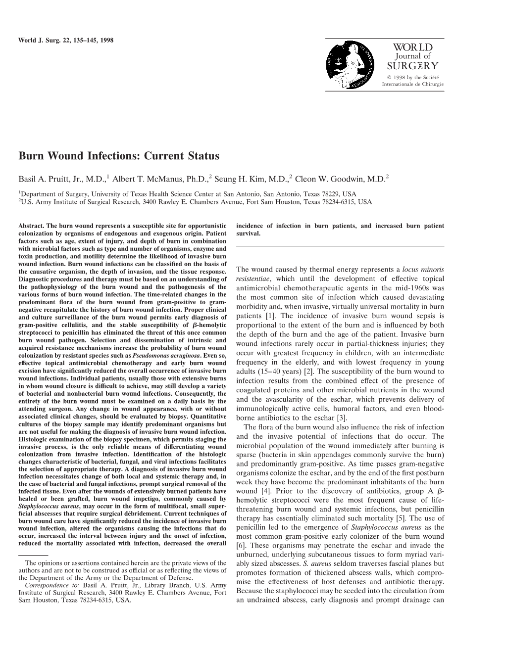 WORLD SURGERY Burn Wound Infections: Current Status