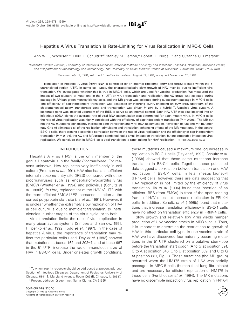 Hepatitis a Virus Translation Is Rate-Limiting for Virus Replication in MRC-5 Cells