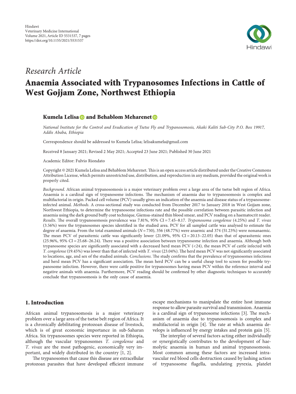 Anaemia Associated with Trypanosomes Infections in Cattle of West Gojjam Zone, Northwest Ethiopia