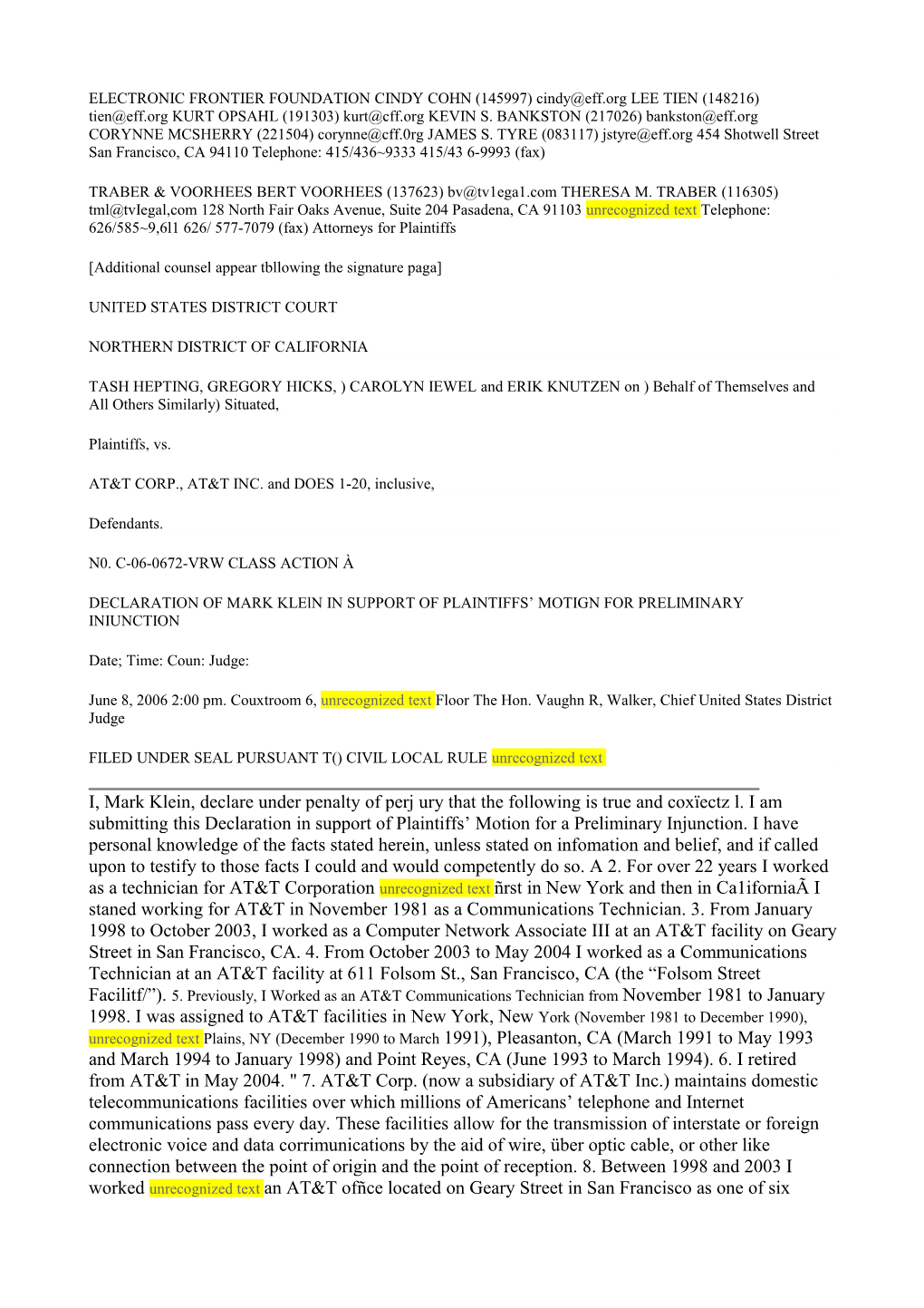 Mark Klein Unredacted Decl-Including Exhibits