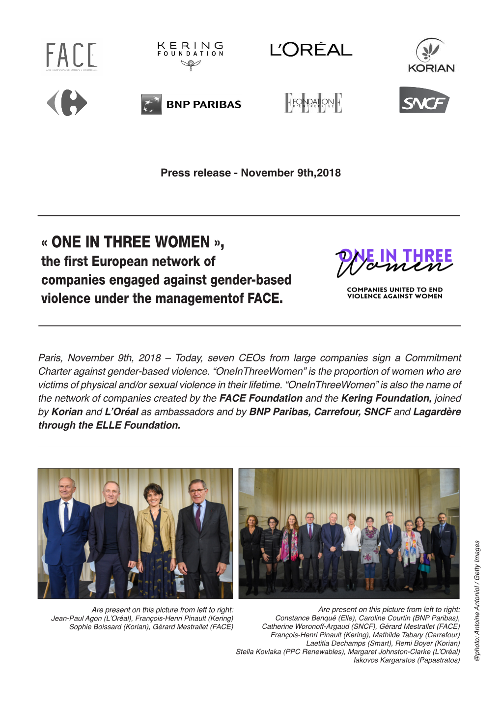 ONE in THREE WOMEN », the First European Network of Companies Engaged Against Gender-Based Violence Under the Managementof FACE