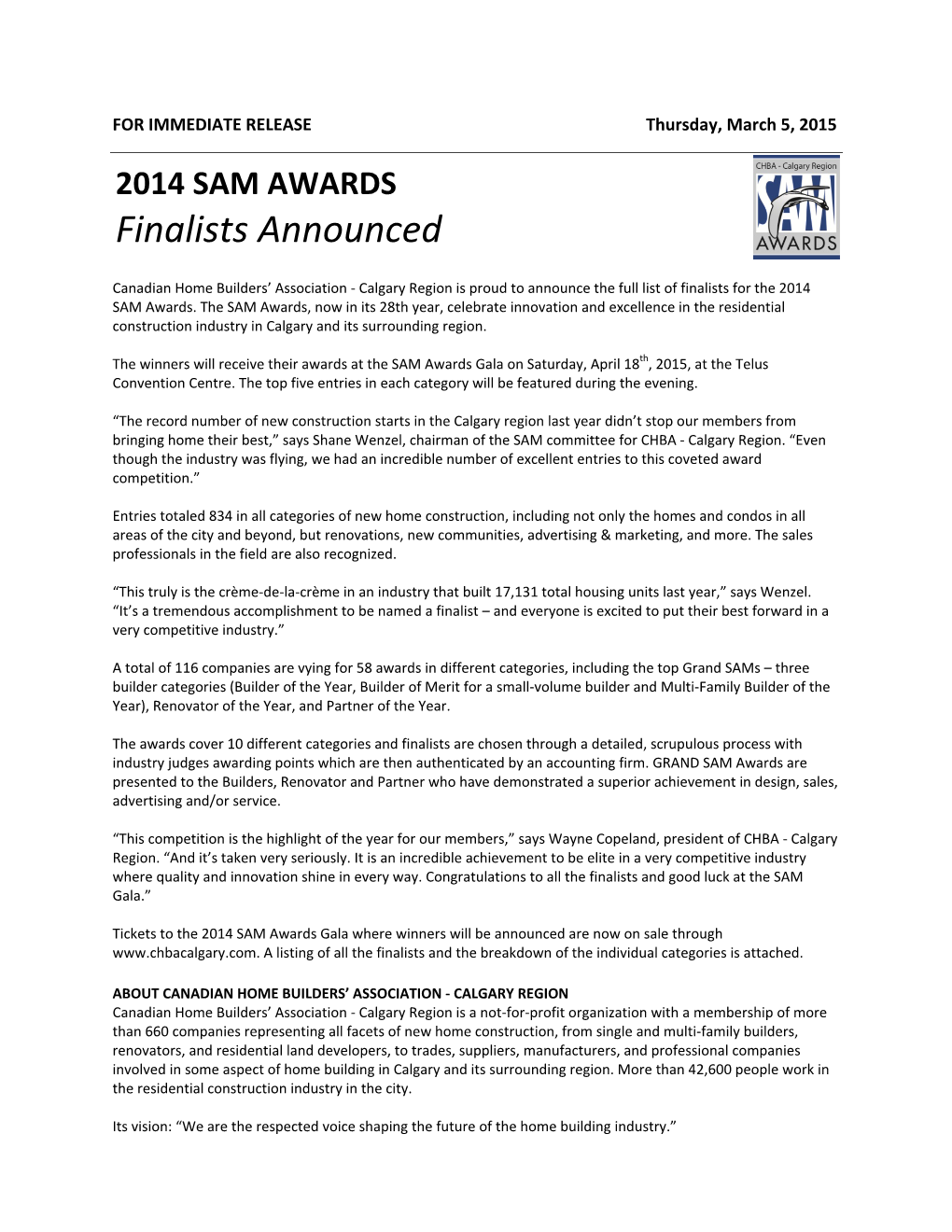 2014 SAM AWARDS Finalists Announced