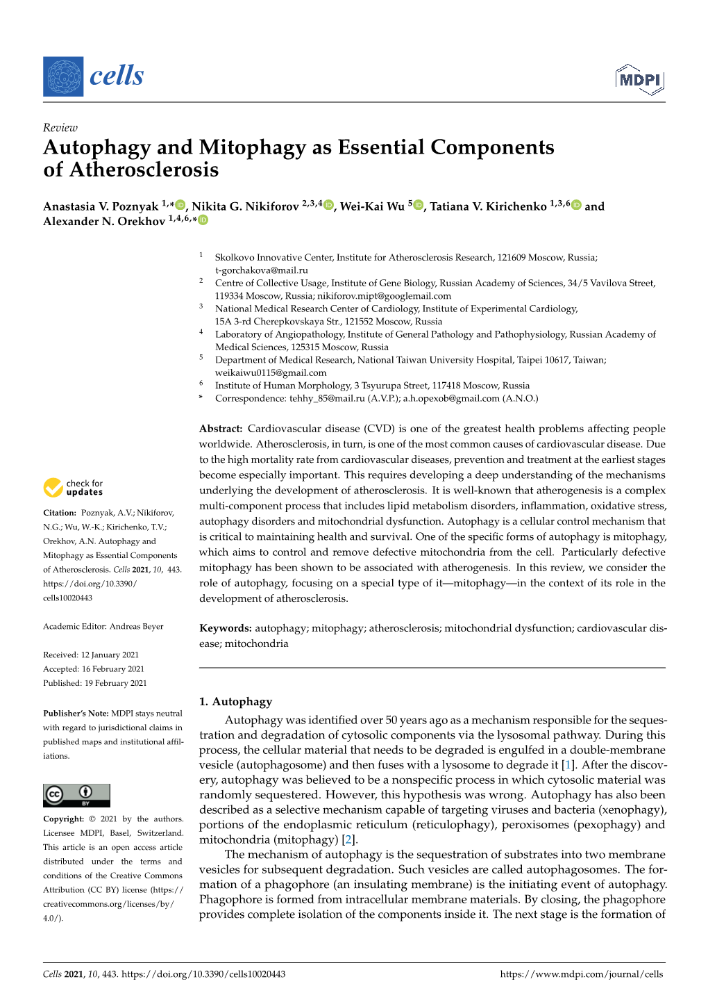 Autophagy and Mitophagy As Essential Components of Atherosclerosis