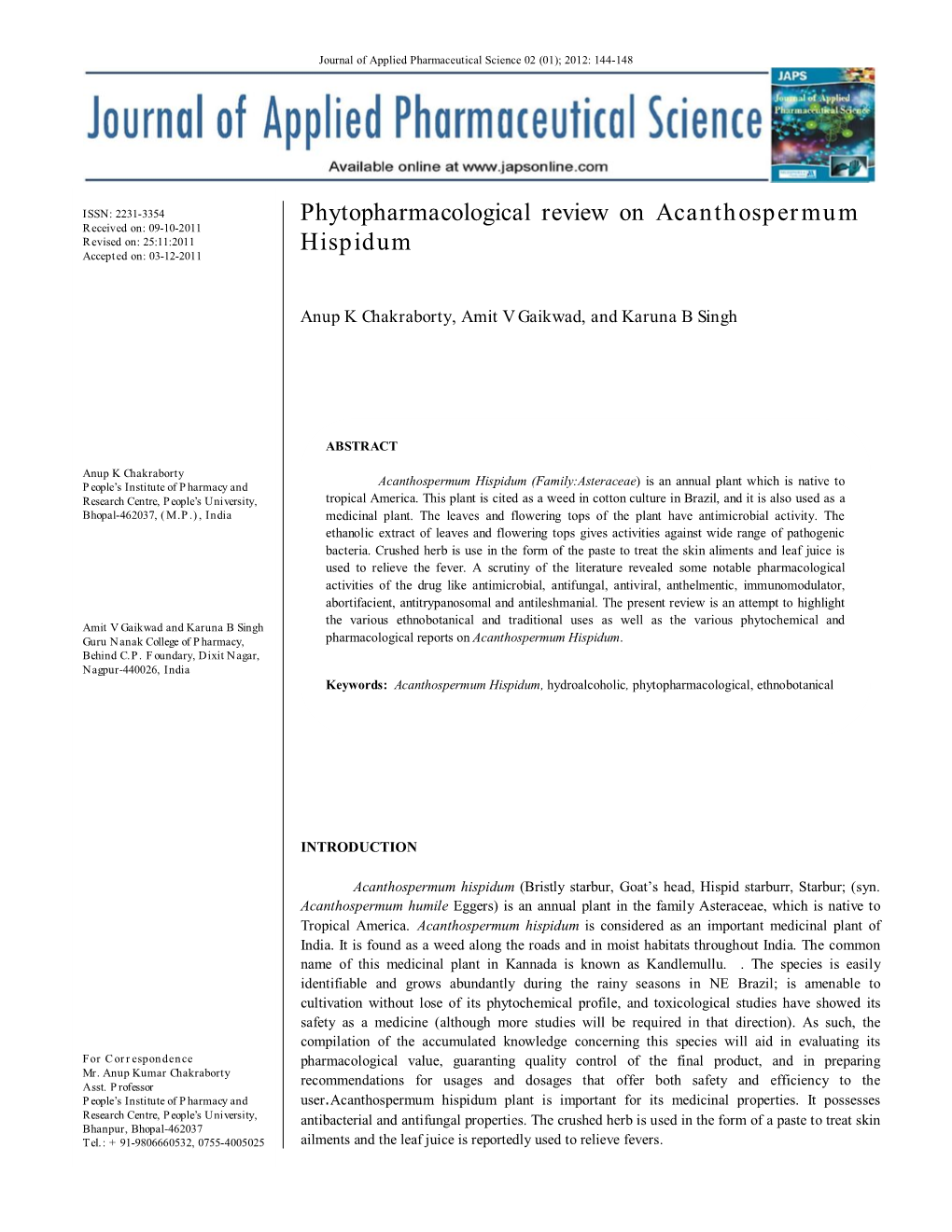 Phytopharmacological Review on Acanthospermum Hispidum