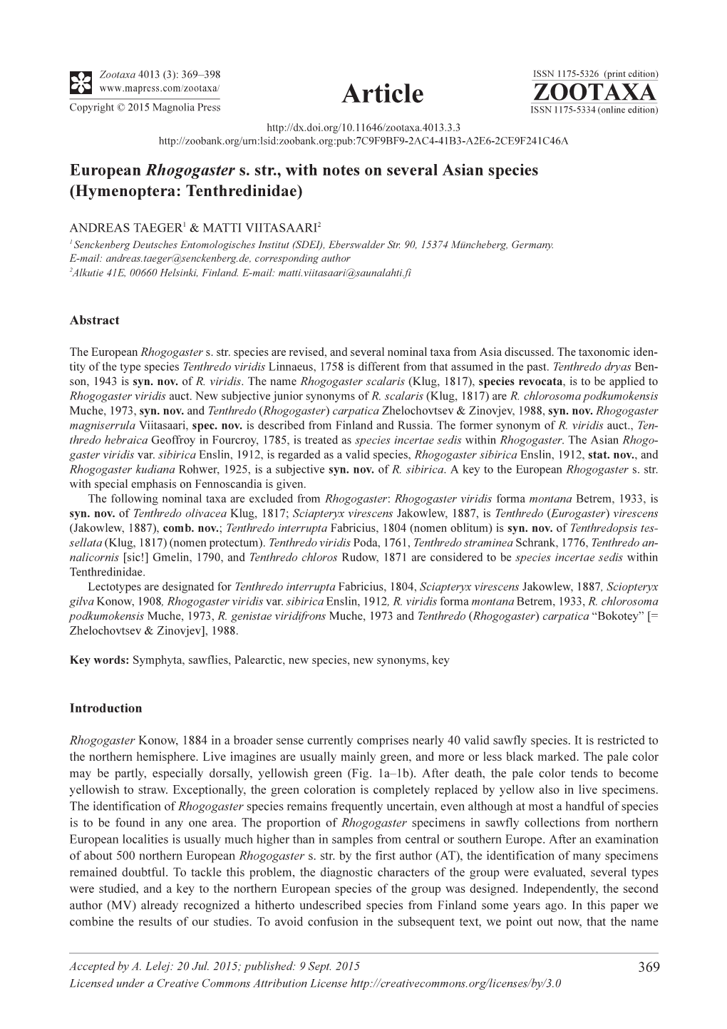 European Rhogogaster S. Str., with Notes on Several Asian Species (Hymenoptera: Tenthredinidae)