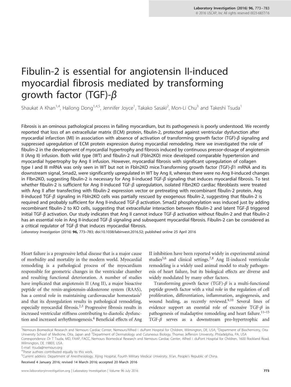 Fibulin-2 Is Essential for Angiotensin II-Induced Myocardial Fibrosis