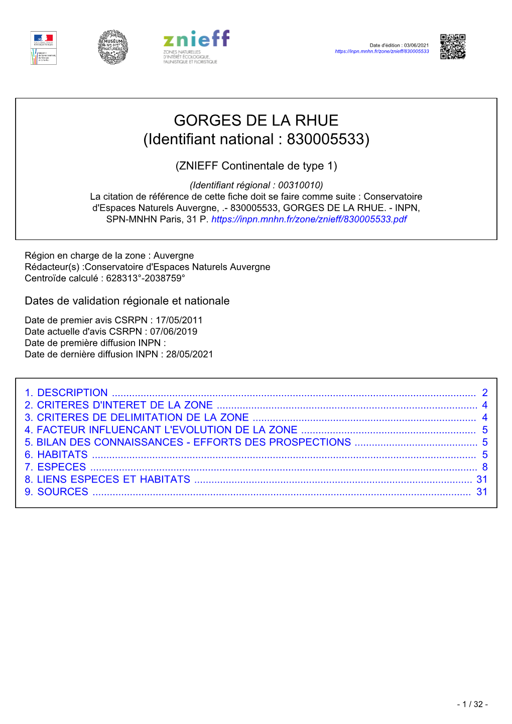 GORGES DE LA RHUE (Identifiant National : 830005533)
