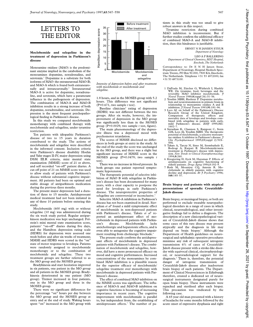 Moclobemide and Selegeline in the Treatment of Depression In