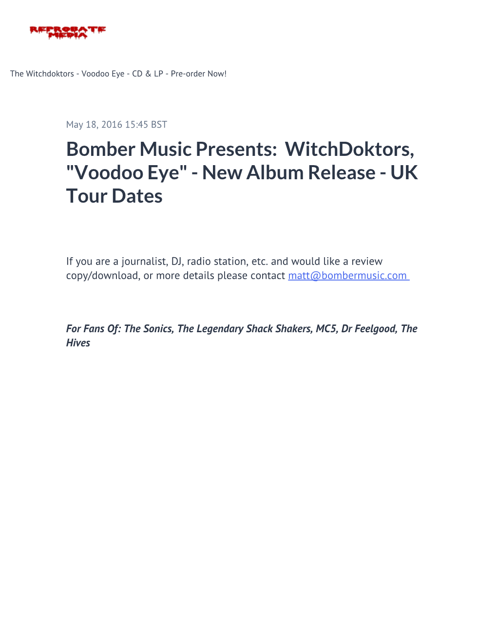 Witchdoktors, "Voodoo Eye" - New Album Release - UK Tour Dates