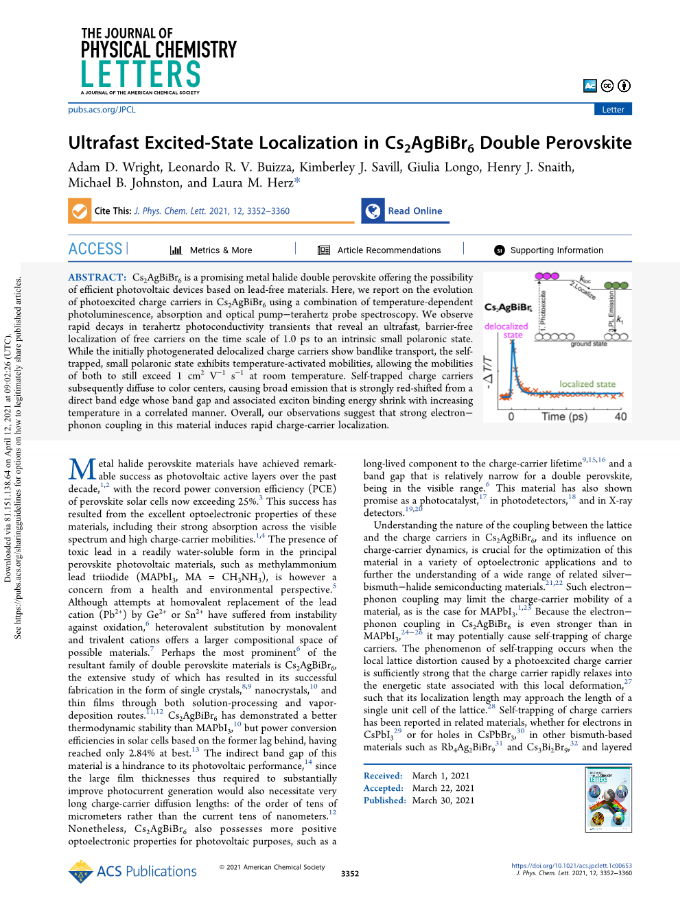 Ultrafast Excited-State Localization in Cs2agbibr6 Double Perovskite Adam D