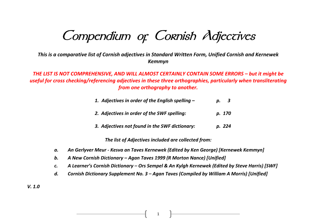 Compendium of Cornish Adjectives