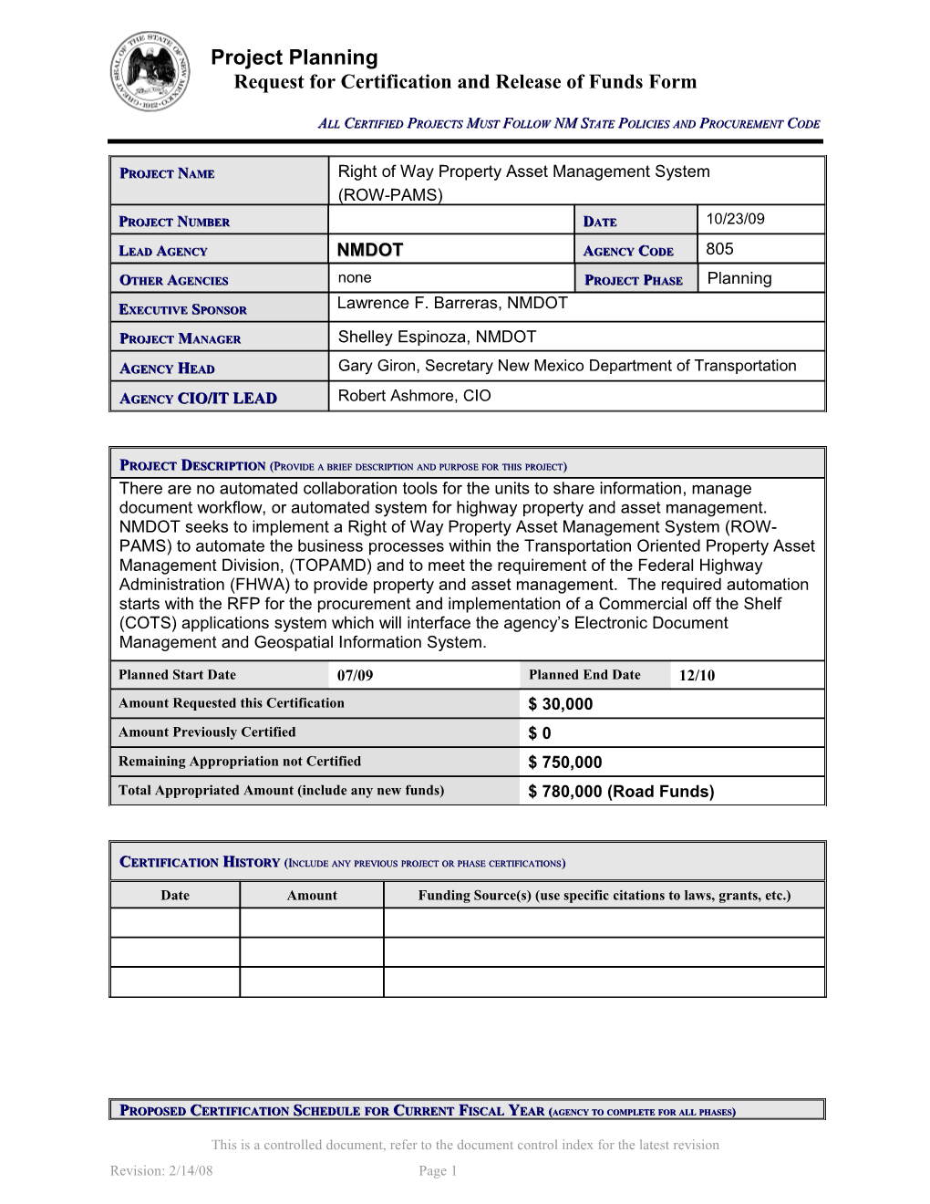 Request for Certification and Release of Funds Form s7