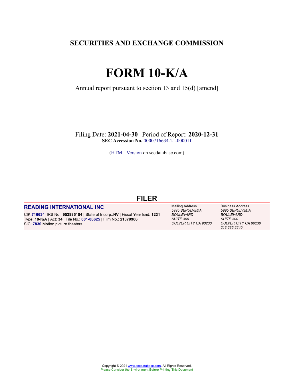 READING INTERNATIONAL INC Form 10-K/A Annual Report Filed 2021