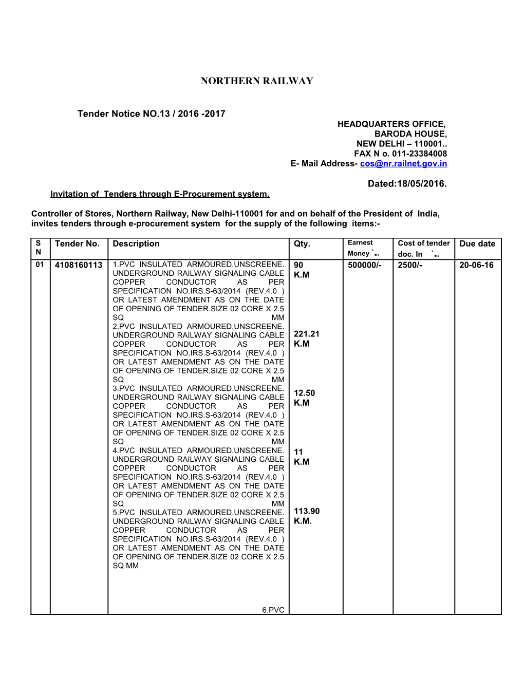 Tender Notice NO.13 / 2016 -2017