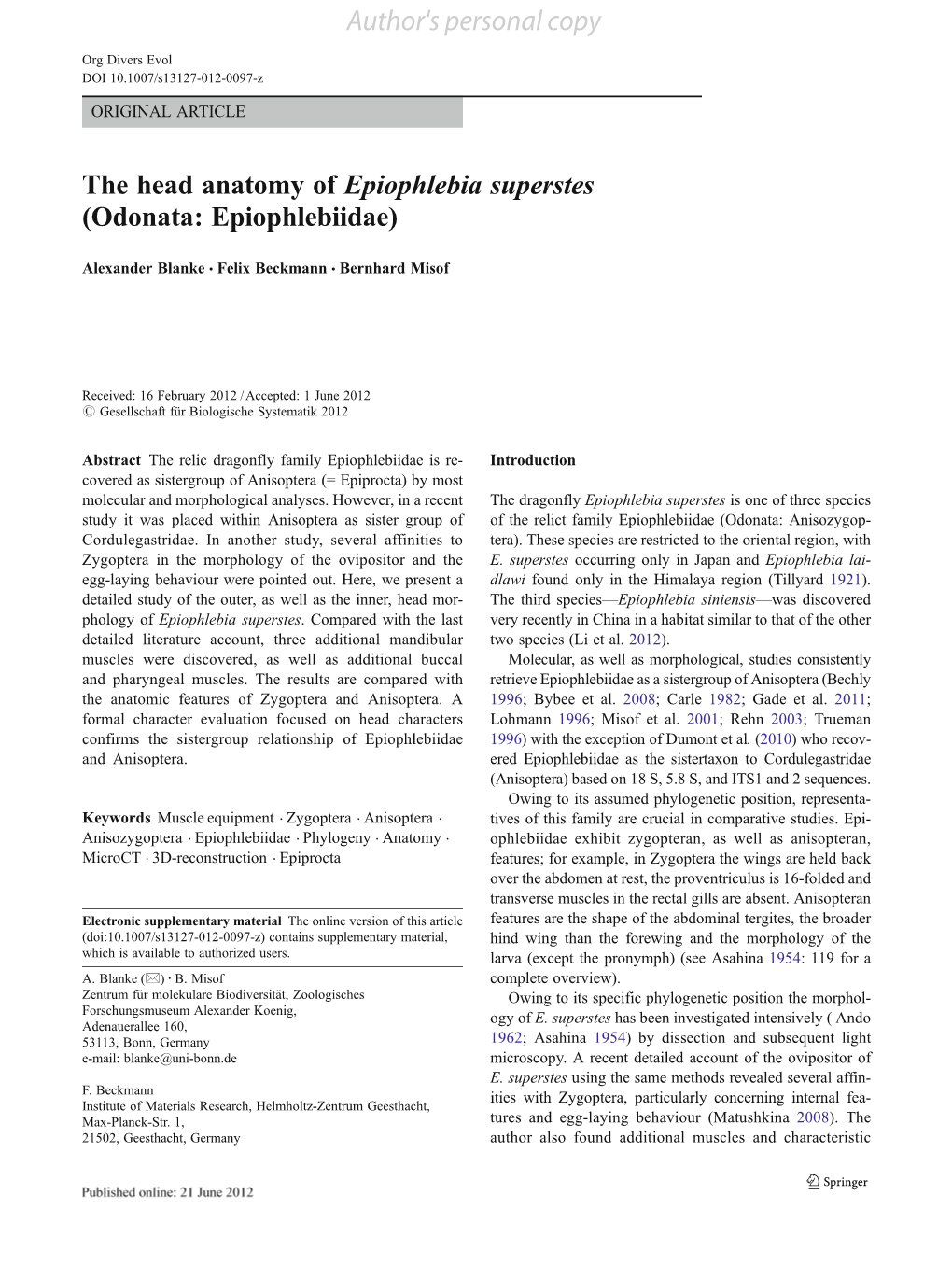 The Head Anatomy of Epiophlebia Superstes (Odonata: Epiophlebiidae)