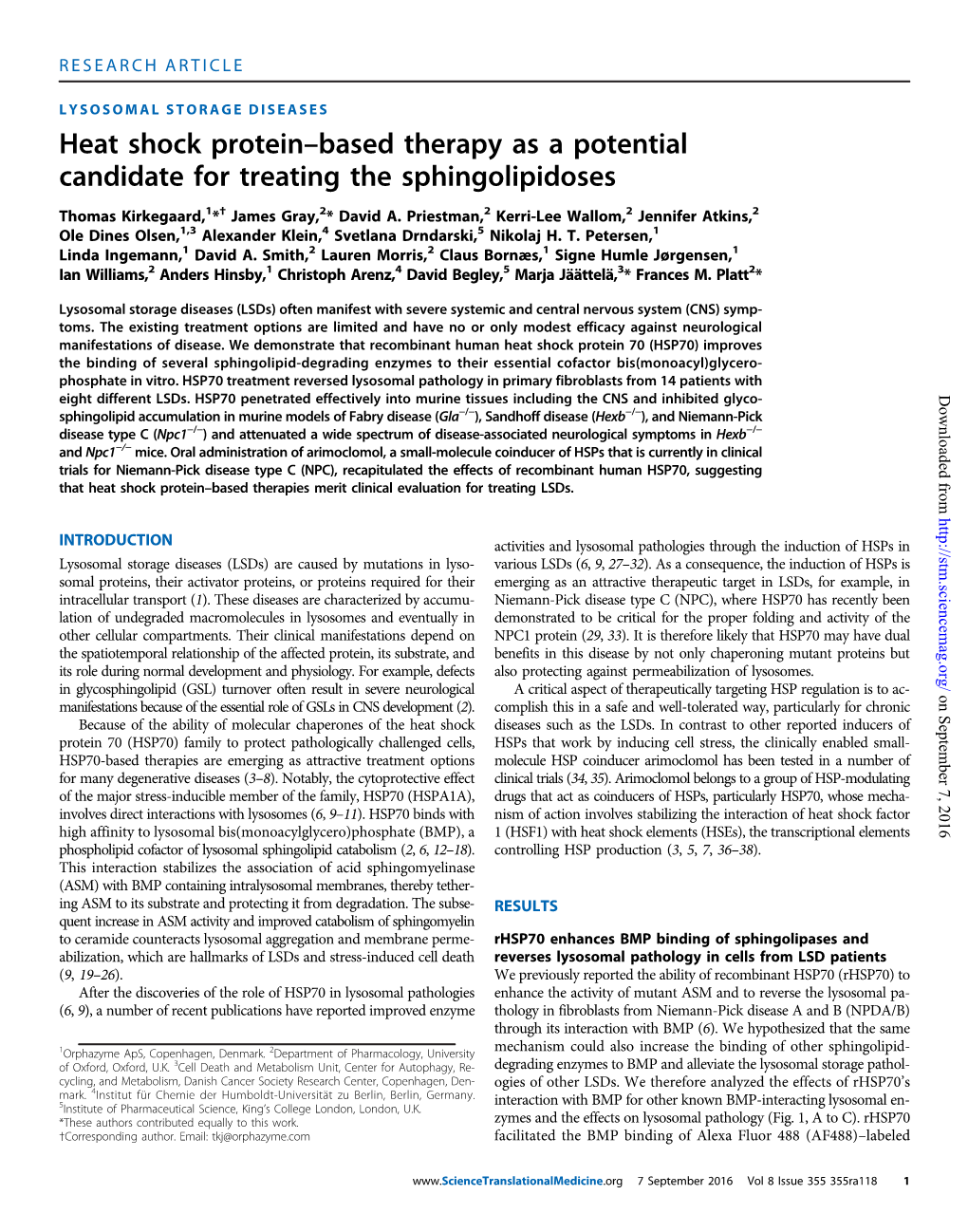 Heat Shock Protein–Based Therapy As a Potential Candidate for Treating the Sphingolipidoses