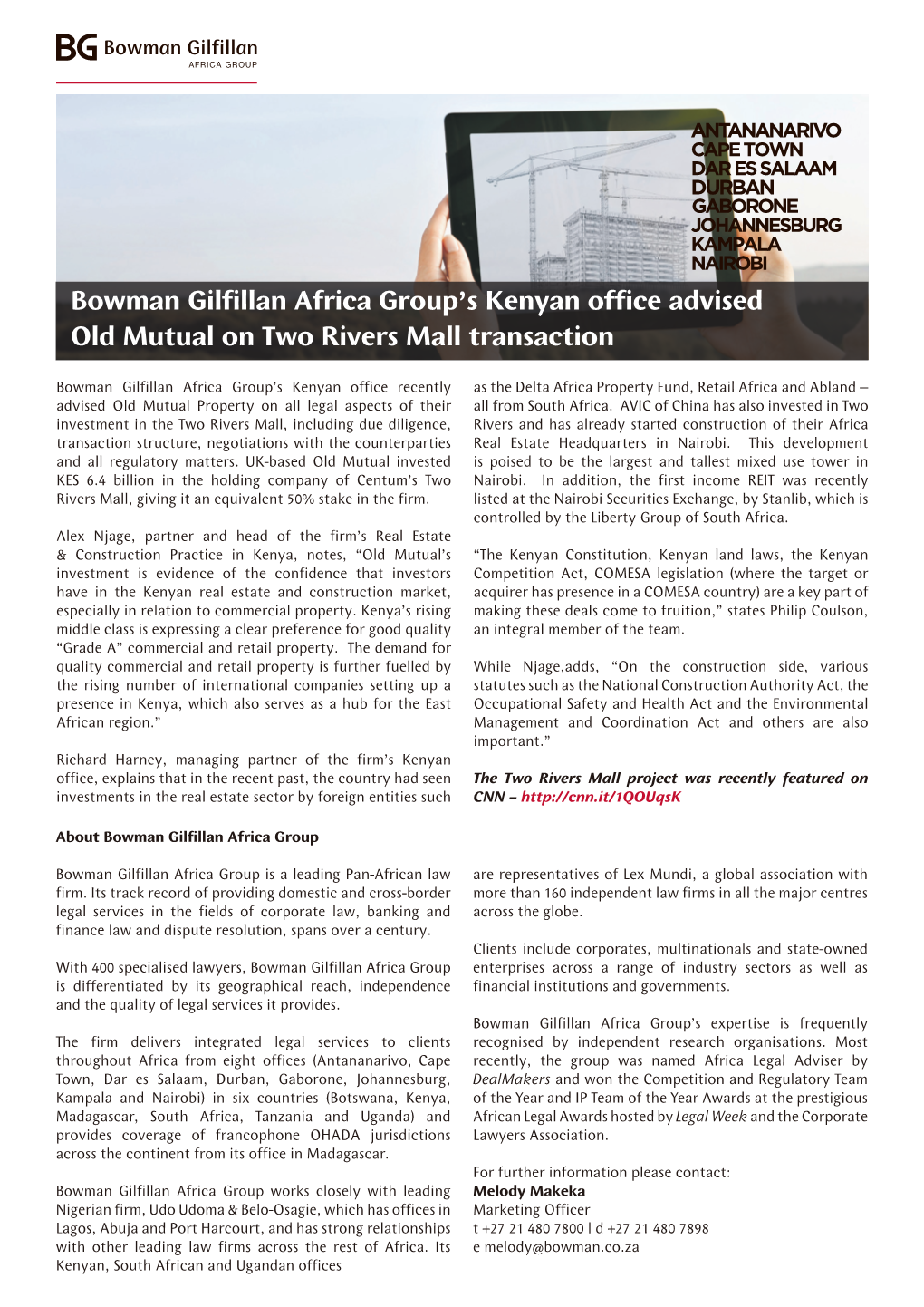 Bowman Gilfillan Africa Group's Kenyan Office Advised Old Mutual