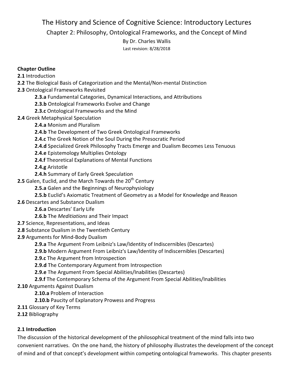 The History and Science of Cognitive Science: Introductory Lectures Chapter 2: Philosophy, Ontological Frameworks, and the Concept of Mind by Dr