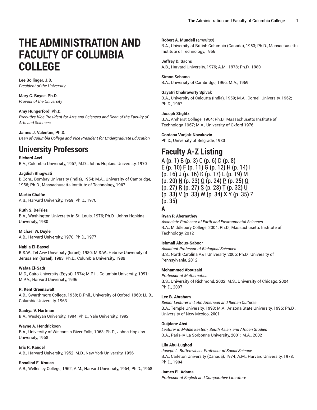 The Administration and Faculty of Columbia College 1