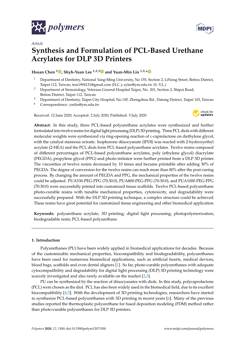 Synthesis and Formulation of PCL-Based Urethane Acrylates for DLP 3D Printers